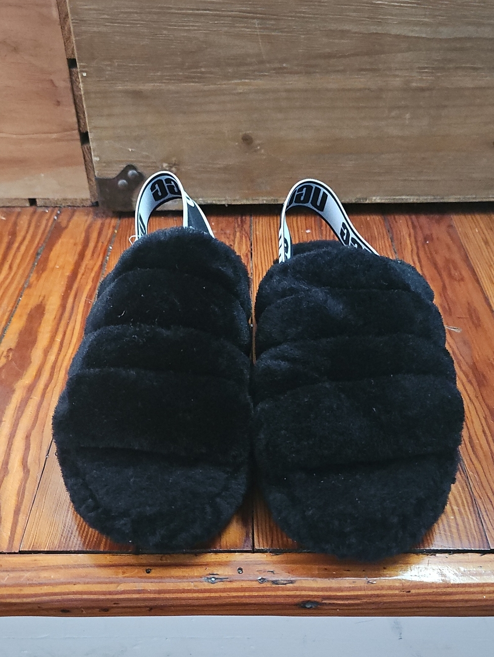 UGG Black Fluff Slide with Branded Elastic Strap - Picture 2 of 5